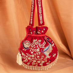 Beautiful Art Deco Peacock Hand Embroidered Velvet Drawstring Potli