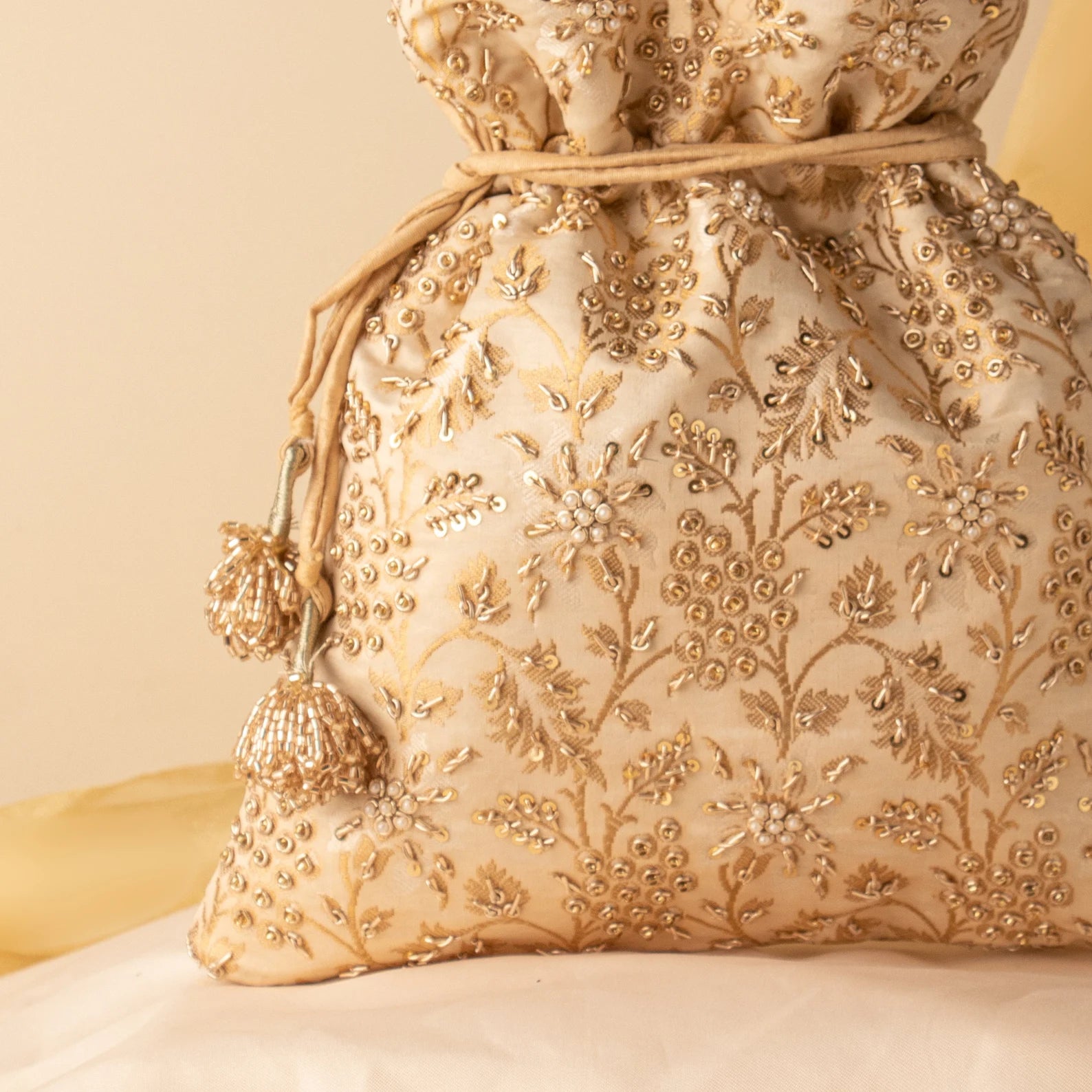 Off White Brocade Silk Zardozi Sequin Embroidered Potli Bag