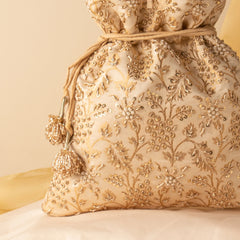 Off White Brocade Silk Zardozi Sequin Embroidered Potli Bag