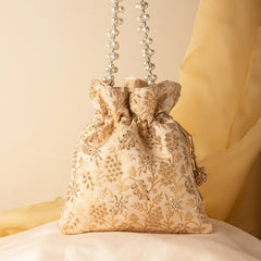Off White Brocade Silk Zardozi Sequin Embroidered Potli Bag