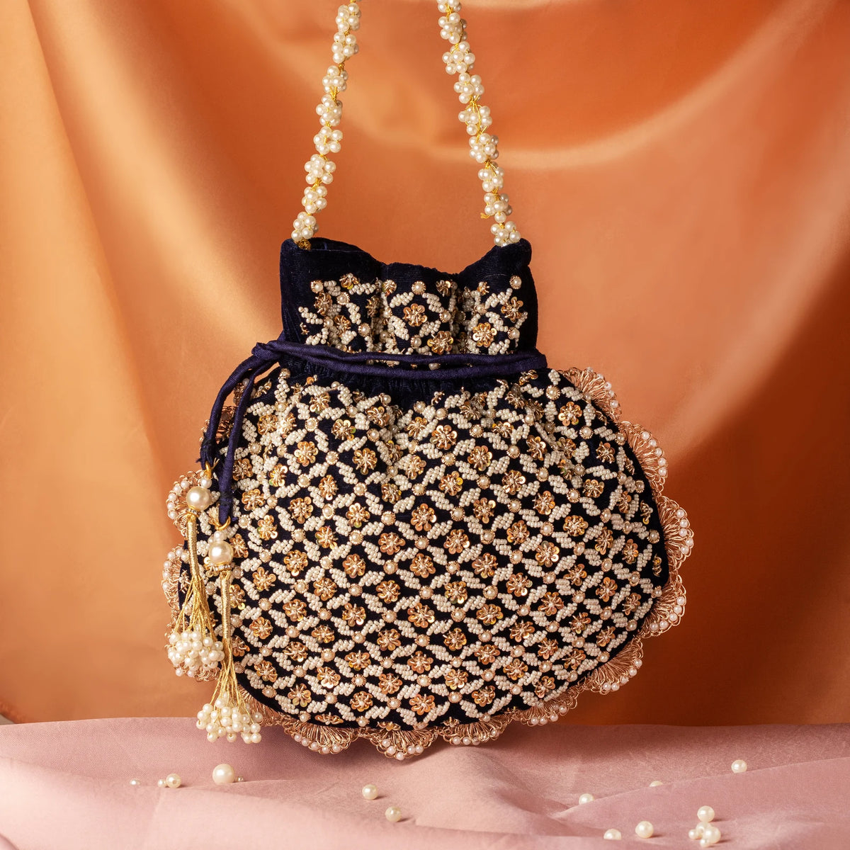 Pearl Sequin Beaded Navy Blue Velvet Potli Bag for Women