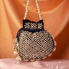 Pearl Sequin Beaded Navy Blue Velvet Potli Bag for Women