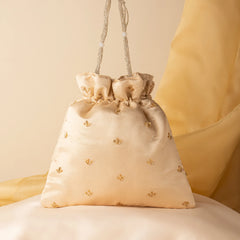 Hand Embroidered Satin Cream Fabric Drawstring Potli Purse