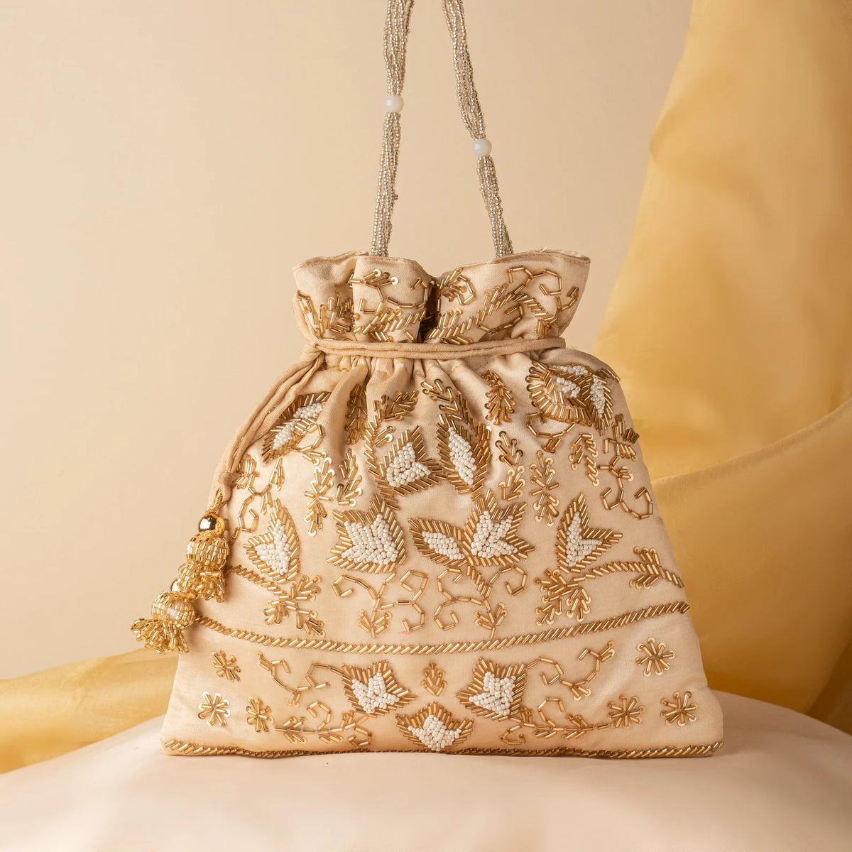 Hand Embroidered Satin Cream Fabric Drawstring Potli Purse