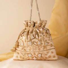 Hand Embroidered Satin Cream Fabric Drawstring Potli Purse