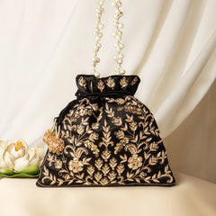 Black Luxury Drawstring Potli Bag For Women