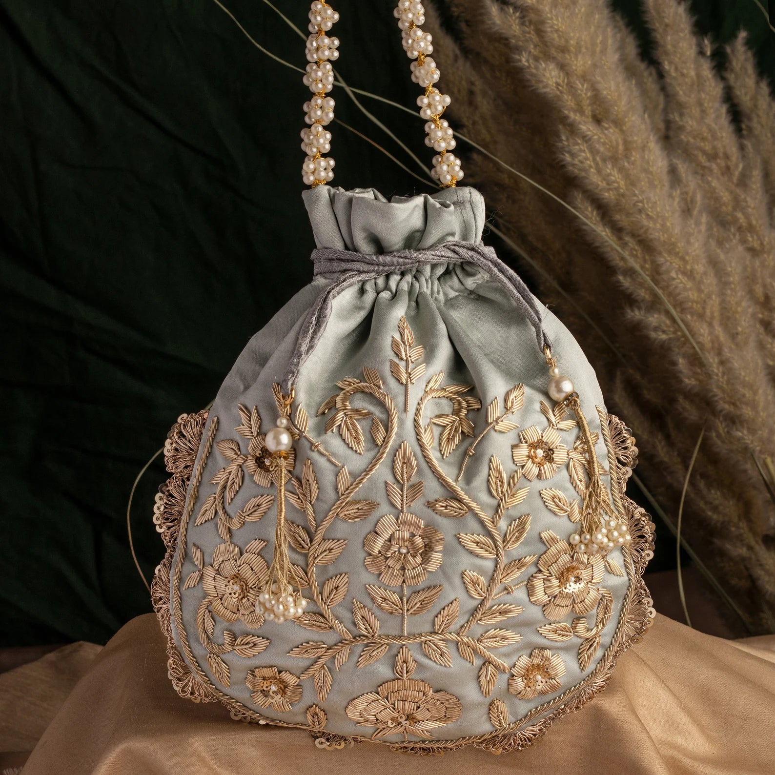Golden Zardozi Embroidered Potli Bag Wedding Accessory