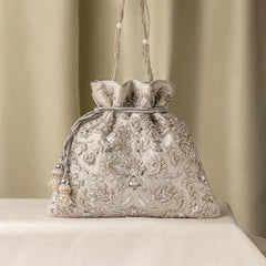 Beautiful Zardozi Hand-Embroidered Silver Drawstring Potli