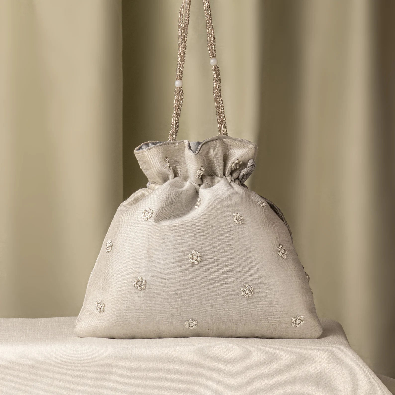 Beautiful Zardozi Hand-Embroidered Silver Drawstring Potli