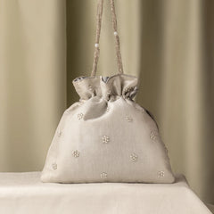 Beautiful Zardozi Hand-Embroidered Silver Drawstring Potli