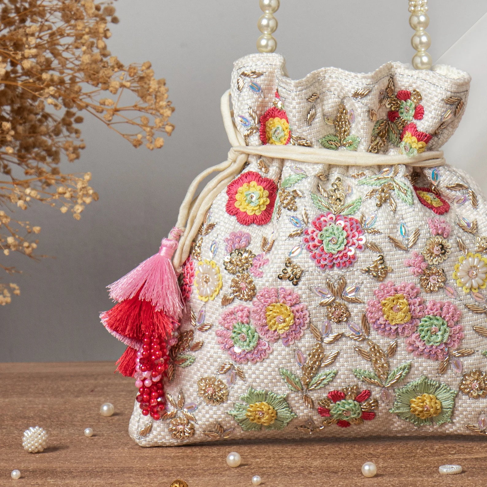 Beautiful Multi Floral Knot Embroidery Wedding Accessory Potli
