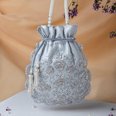 Silver Tissue Mesh Fabric Embroider Potli