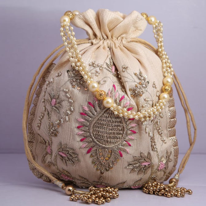 Beautiful Fine Handcrafted Golden Zar-Dousi Work Traditional Wedding Potli Bag