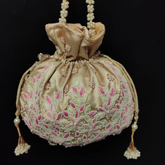 Pink Beige Thread Embroider With Multi Color Beading Designer Handbag