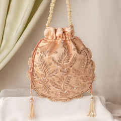 Rose Gold Leaf Zardozi Embroidery Satin Potli Bag for Woman
