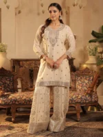 Women's Ivory Embroidered Kurta Sharara Set with Dupatta | Festive & Wedding Ethnic Wear