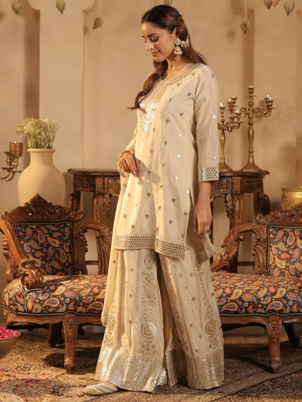 Women's Ivory Embroidered Kurta Sharara Set with Dupatta | Festive & Wedding Ethnic Wear