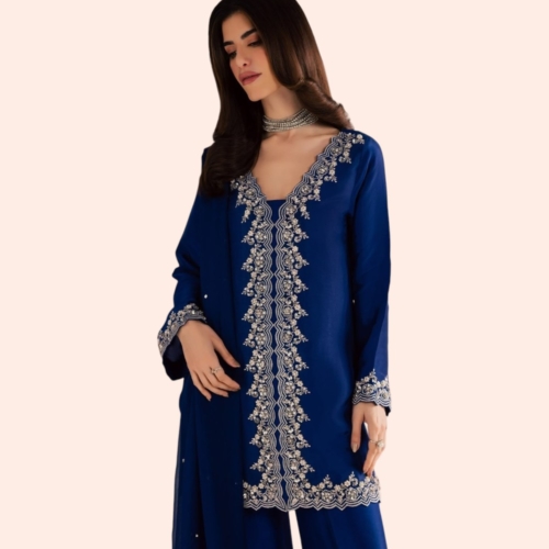 Royal Blue Embroidered Kurta Palazzo Set with Dupatta