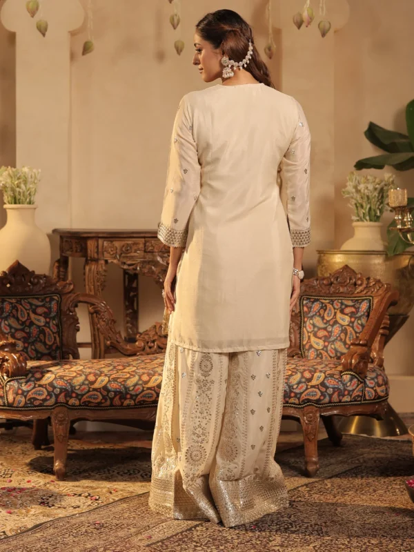 Women's Ivory Embroidered Kurta Sharara Set with Dupatta | Festive & Wedding Ethnic Wear
