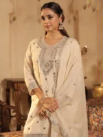 Women's Ivory Embroidered Kurta Sharara Set with Dupatta | Festive & Wedding Ethnic Wear