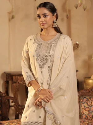 Women's Ivory Embroidered Kurta Sharara Set with Dupatta | Festive & Wedding Ethnic Wear