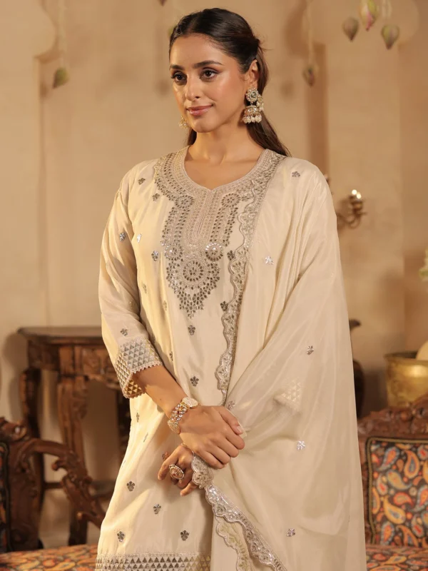 Women's Ivory Embroidered Kurta Sharara Set with Dupatta | Festive & Wedding Ethnic Wear