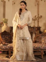 Women's Ivory Embroidered Kurta Sharara Set with Dupatta | Festive & Wedding Ethnic Wear