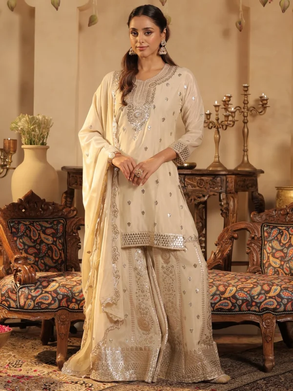 Women's Ivory Embroidered Kurta Sharara Set with Dupatta | Festive & Wedding Ethnic Wear