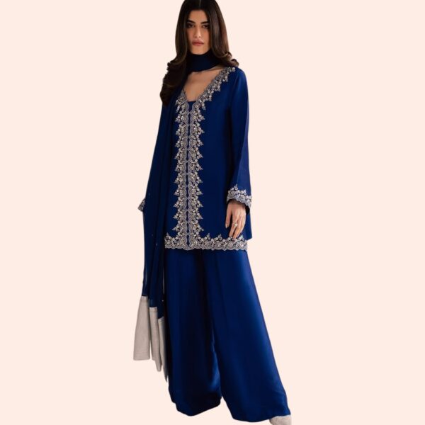 Royal Blue Embroidered Kurta Palazzo Set with Dupatta