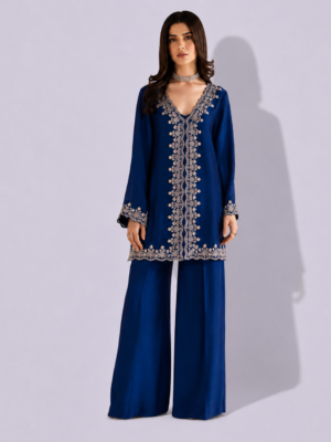 Royal Blue Embroidered Kurta Palazzo Set with Dupatta