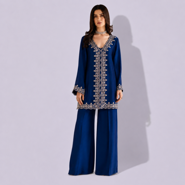 Royal Blue Embroidered Kurta Palazzo Set with Dupatta