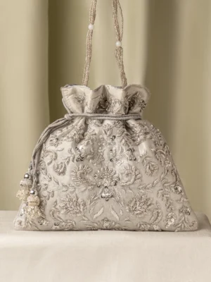 Silver Embroidered Potli Bag for Women | Wedding & Party Ethnic Handbag
