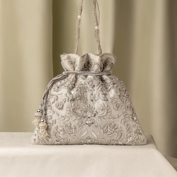 Silver Embroidered Potli Bag for Women | Wedding & Party Ethnic Handbag