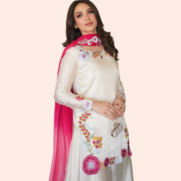Floral Embroidered Kurta Palazzo Set with Pink Dupatta
