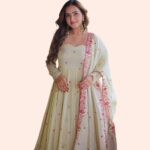 Elegant Ivory Floral Embroidered Anarkali Kurta Set with Palazzo and Dupatta