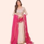 Cream Embroidered Anarkali Gown with Pink Bandhani Dupatta