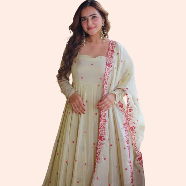 Elegant Ivory Floral Embroidered Anarkali Kurta Set with Palazzo and Dupatta