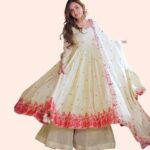 Elegant Ivory Floral Embroidered Anarkali Kurta Set with Palazzo and Dupatta