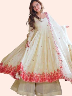 Elegant Ivory Floral Embroidered Anarkali Kurta Set with Palazzo and Dupatta