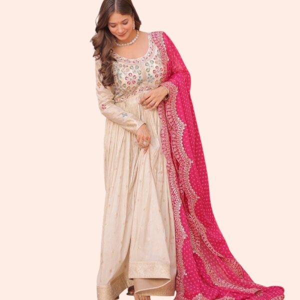 Cream Embroidered Anarkali Gown with Pink Bandhani Dupatta