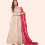 Cream Embroidered Anarkali Gown with Pink Bandhani Dupatta
