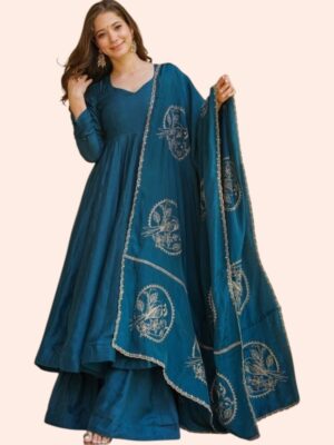 Embroidered Anarkali Kurta Set with Palazzo and Designer Dupatta