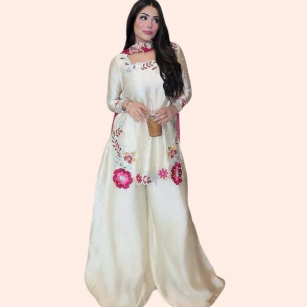 Floral Embroidered Kurta Palazzo Set with Pink Dupatta