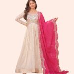 Cream Embroidered Anarkali Gown with Pink Bandhani Dupatta