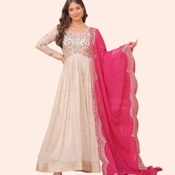 Cream Embroidered Anarkali Gown with Pink Bandhani Dupatta