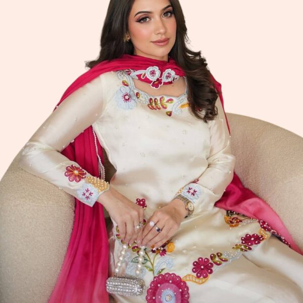 Floral Embroidered Kurta Palazzo Set with Pink Dupatta