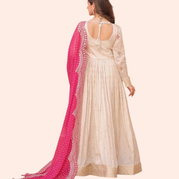 Cream Embroidered Anarkali Gown with Pink Bandhani Dupatta