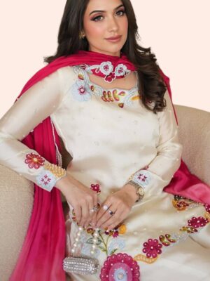 Floral Embroidered Kurta Palazzo Set with Pink Dupatta