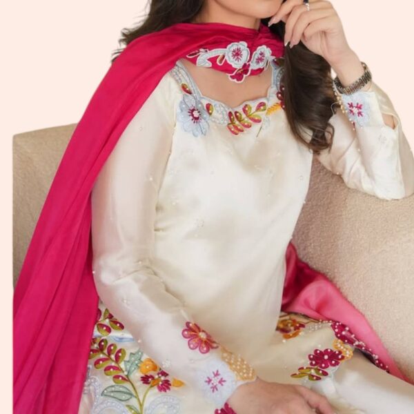 Floral Embroidered Kurta Palazzo Set with Pink Dupatta