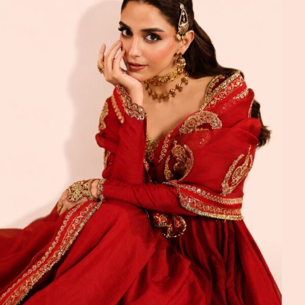 Red Embroidered Anarkali Gown Dress with Dupatta